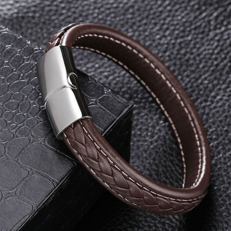 Bracciale in pelle con incisione, fibbia magnetica in acciaio inossidabile, bracciale in pelle di mucca intrecciata, semplice braccialetto da uomo, incisione fai da te_voghion.com