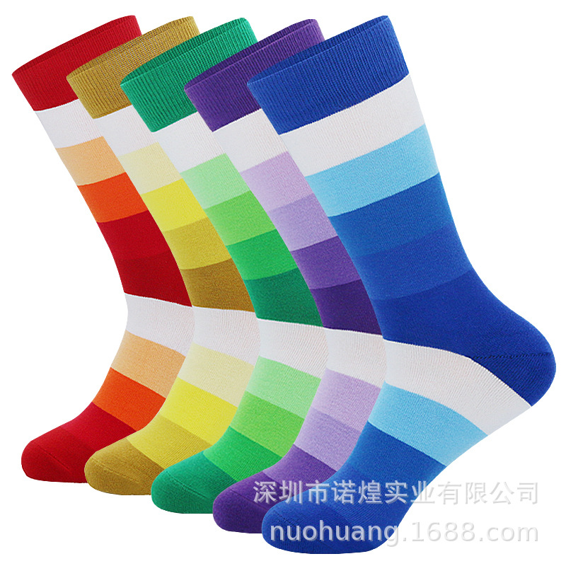 Spot cross-border mid-tube men's socks Europe and the United States large long tube fashion striped cotton socks rainbow thickened deodorant socks high waist