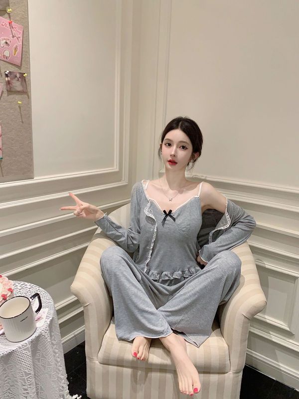 秋季新款睡衣女莫代尔三件套高级感长袖长裤简约居家服小香风带胸|undefined