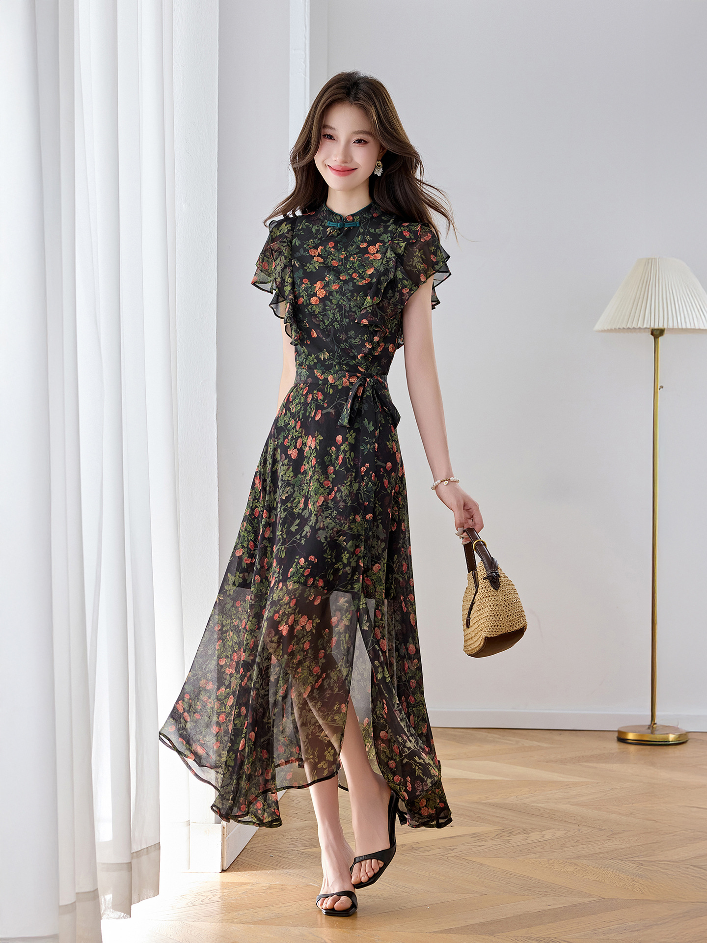 Đầm maxi nữ thắt eo họa tiết hoa nhí hai dây mặc hai kiểu Z5718 — Hoa đỏ, Chấm tròn