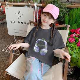 俏妮卡 儿童夏季薄款女童中小童宝宝短袖字母印花圆领洋气t恤上衣