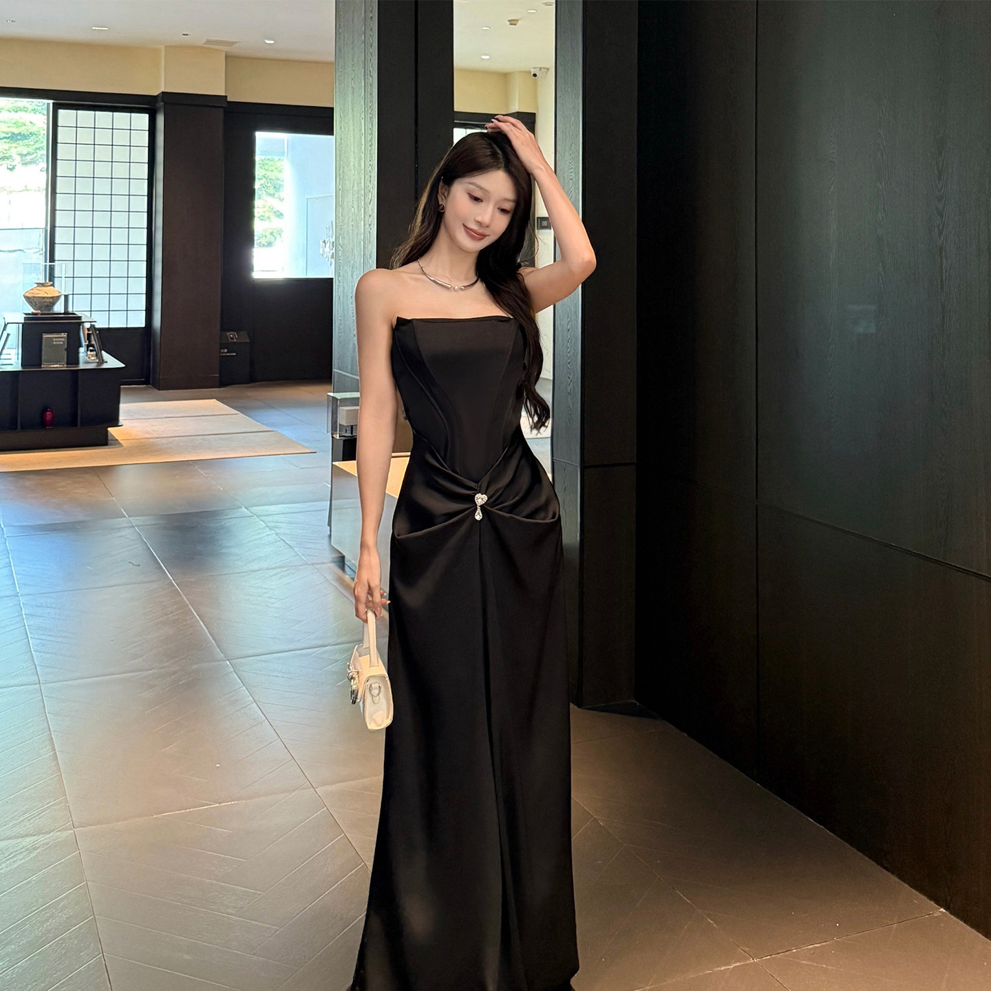 Ilya High-End Satin Black Tube Top Dress for Women Autum Fishbone Design Hip-Hugging Long Skirt Zx25335