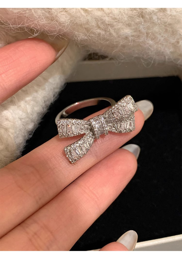 Sterling Silver Bowknot Zircon Ring For Women Adjustable Designer_voghion.com