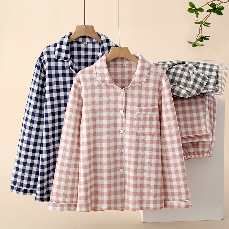 Air Layer Couple's suit Cotton Plaid Home Clothes Quilted V-Neck Men's and Women's Home Breathable Warm Pajamas