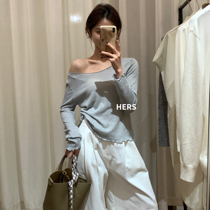 Hers coreano simple y versátil, perezoso, Ou Ruofeng, ligero y cómodo, camiseta de manga larga, camisa de fondo para mujer, verano 20285 image 3