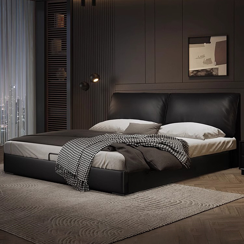 Cama de cuero, cama principal de cuero de vaca, cama de almacenamiento de tres extracciones, cama doble moderna y simple.