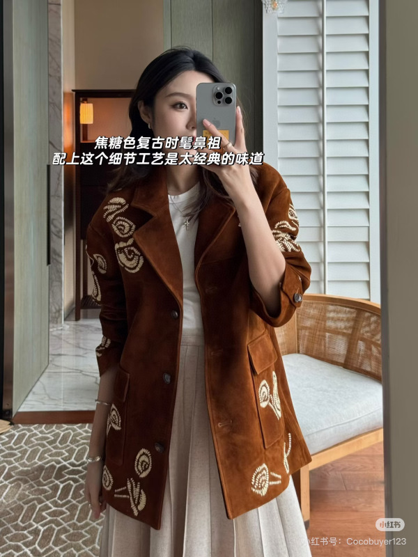 ch25ss秋冬新款進口绒面小羊皮皮衣真皮西服重工印花刺绣夹克外套|undefined