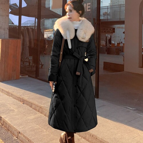 Large fur collar medium and long down cotton coat for women's winter Lingge popular over-the-knee thick coat coat and waist coat
