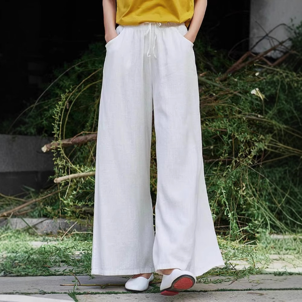 가을 2024 새로운 넓은 다리 바지 여성용 높은 허리 느슨한 슬리밍 타이트 허리 레이스 업 리넨 바지
