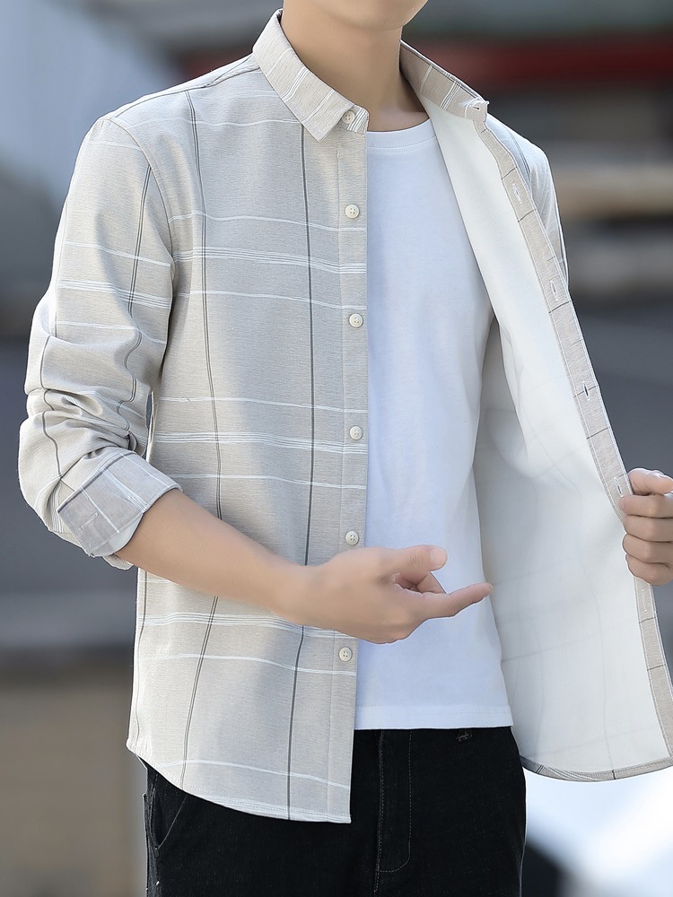 男士保暖衬衫长袖加绒衬衣秋冬季修身潮流格子休闲加厚款加棉寸衫