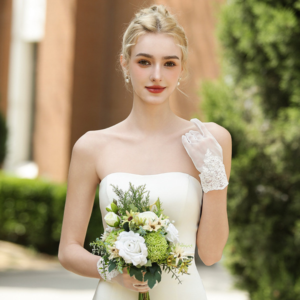 Short thin shiffon lace wedding dress for bride