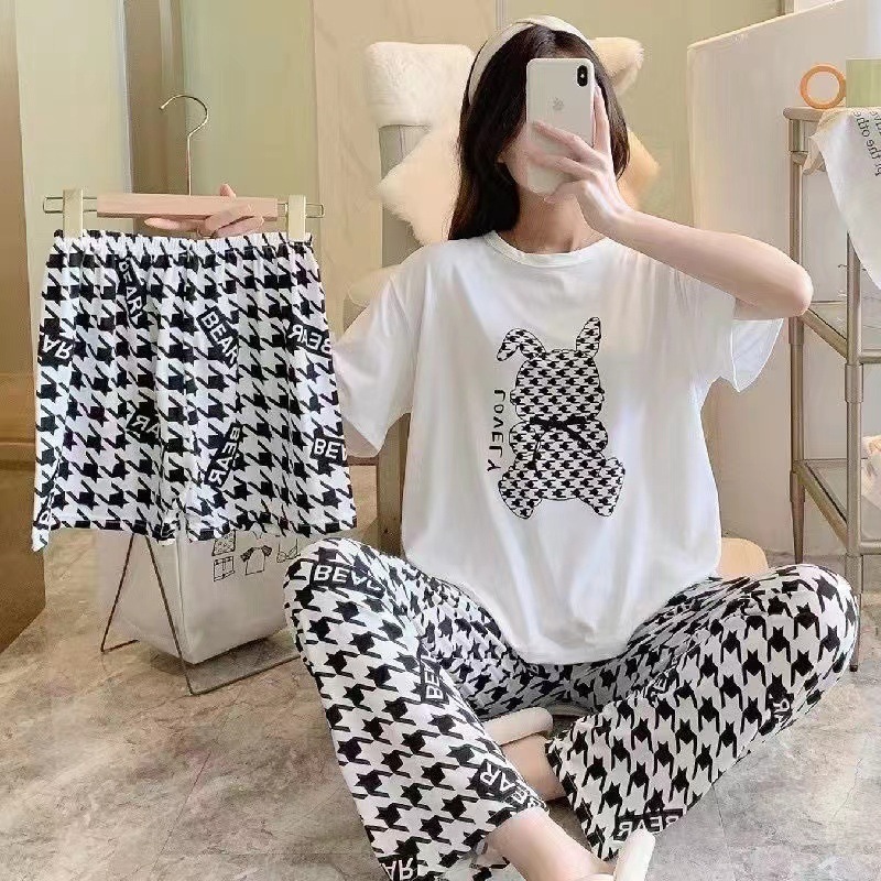 Pijama de verano de mujeres delgado en línea popular estilo coreano estudiantes dulces lindos vestidos para el hogar de mujeres se pueden usar con tres piezas