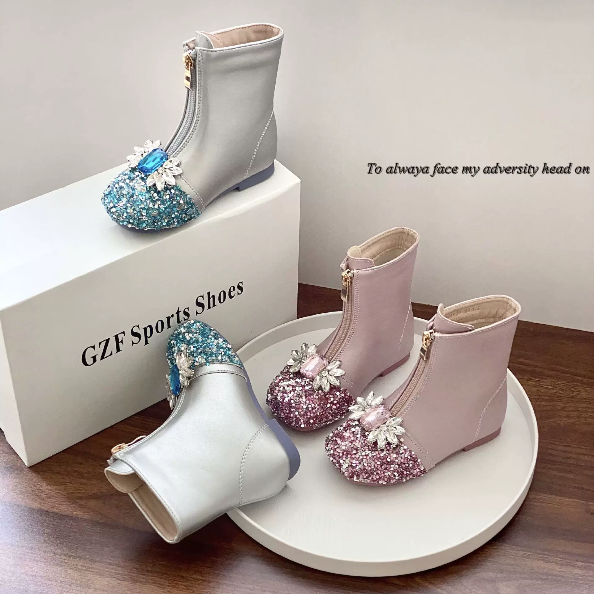 儿童公主短靴爱莎软底女童靴子宝宝水晶走秀皮靴小女孩秋冬二棉靴