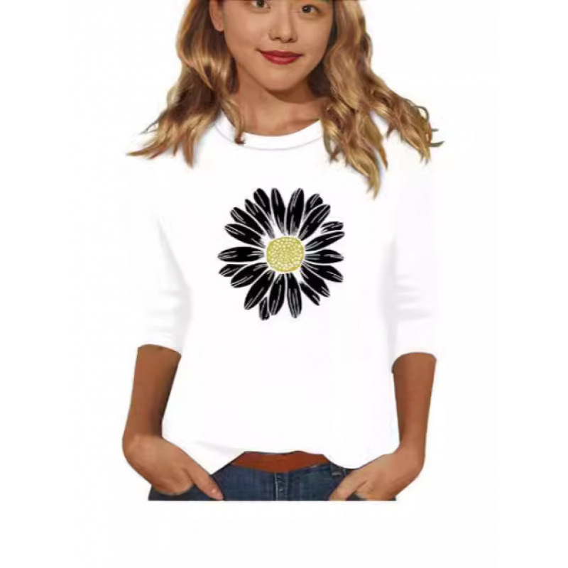 跨境2024亚马逊速卖通欧美新款女装圆领七分袖宽松印花T恤女士上