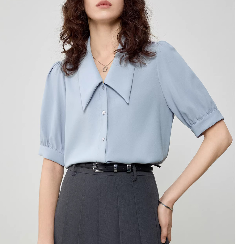 Áo sơ mi nữ cổ nhọn tay ngắn chất liệu chiffon phong cách Pháp — màu đen, xanh lam, màu trắng chi tiết 1