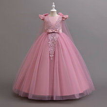 跨境外贸女童礼服裙中大童花朵珍珠婚纱花童表演出公主裙落地长款