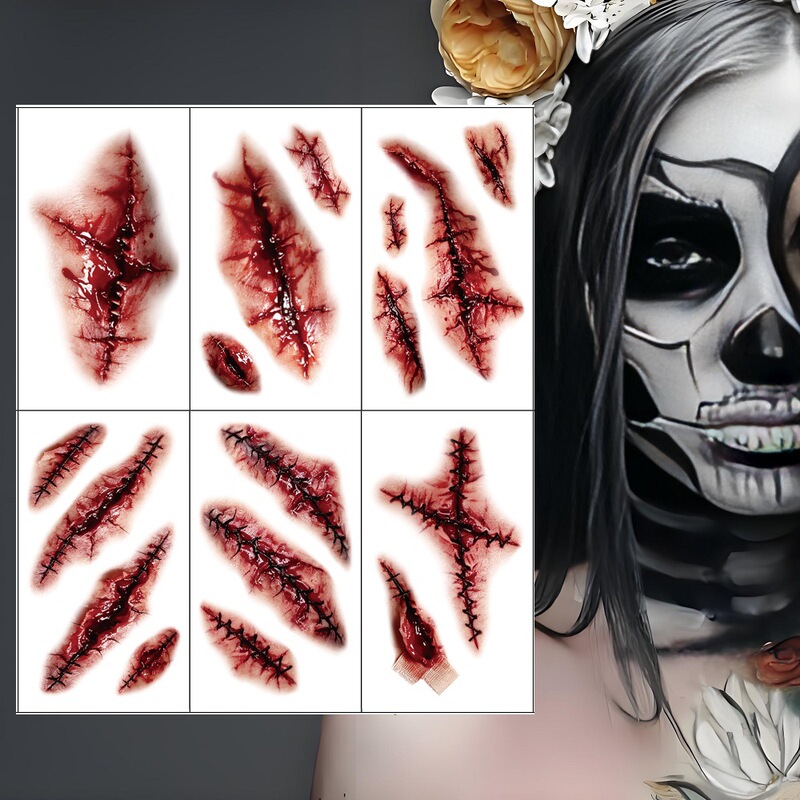 New Cross-Border Halloween Colorful Tattoo Sticker Set for Funny Parties, Horror Wounds, Scars, and Temporary Face Tattoos New Cross-Border Halloween Colorful Tattoo Sticker Set for Funny Parties, Horror Wounds, Scars, and Temporary Face Tattoos
