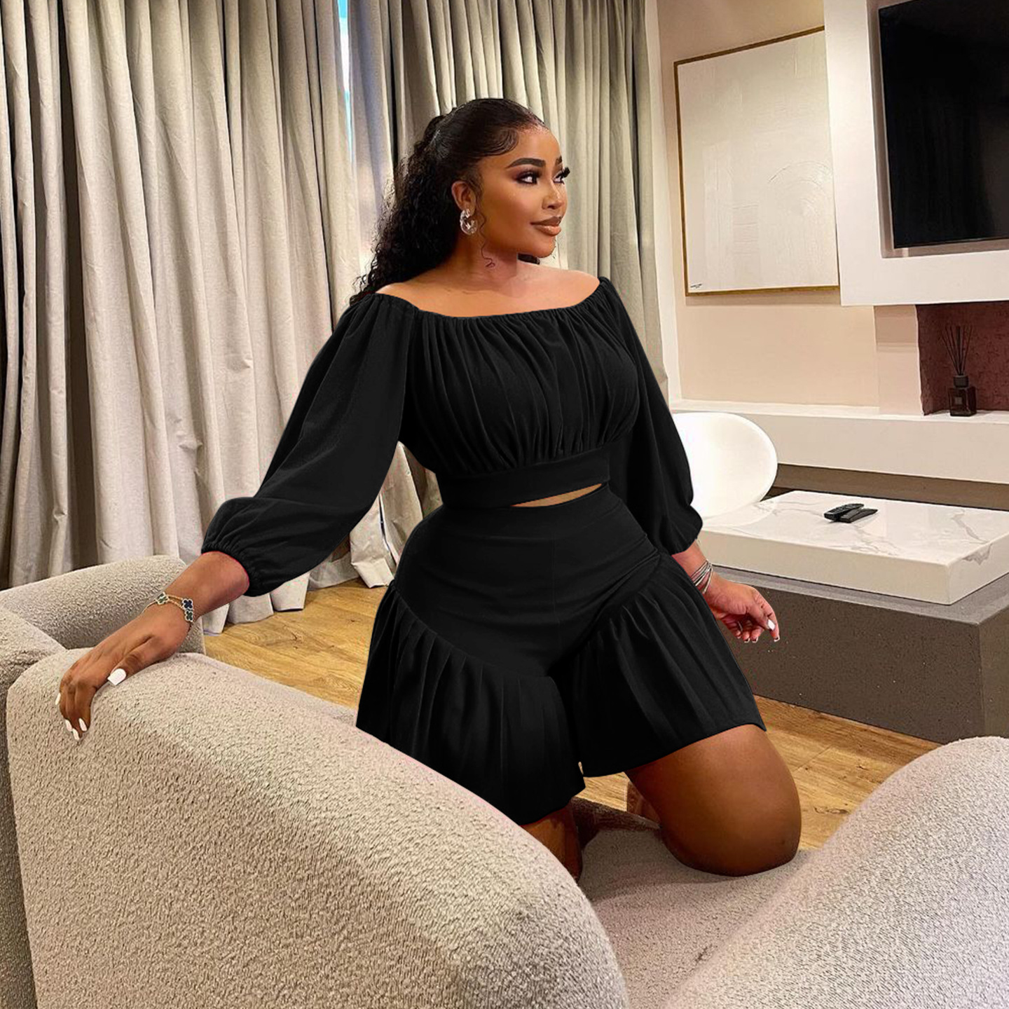 350g Weight Long Sleeve Sleeve Length Spandex, Polyester Fabric Type Shorts Co-ord Set Sets Type 2 Pieces Set Quantity Daily Occasion Off Shoulder Neckline Slim Fit Type Solid Color Pattern Summer Season Casual Style Daily Casual Solid Color Spandex Polyester Shorts Co-ord Set Plus Size Two-piece Sets 22