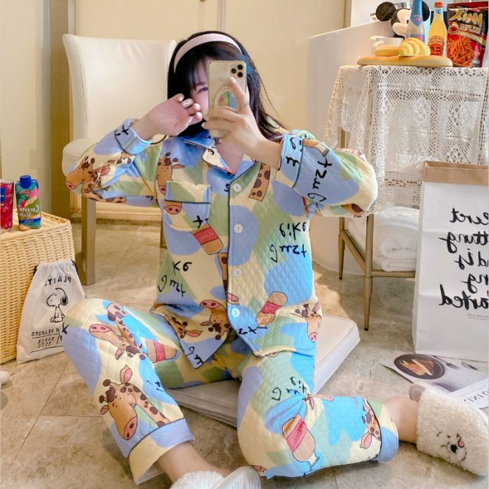 Otoño y invierno nuevo pijama de mujeres cardigán de aire mezclado chicas lindas dibujos animados princesa impresión ropa para el hogar