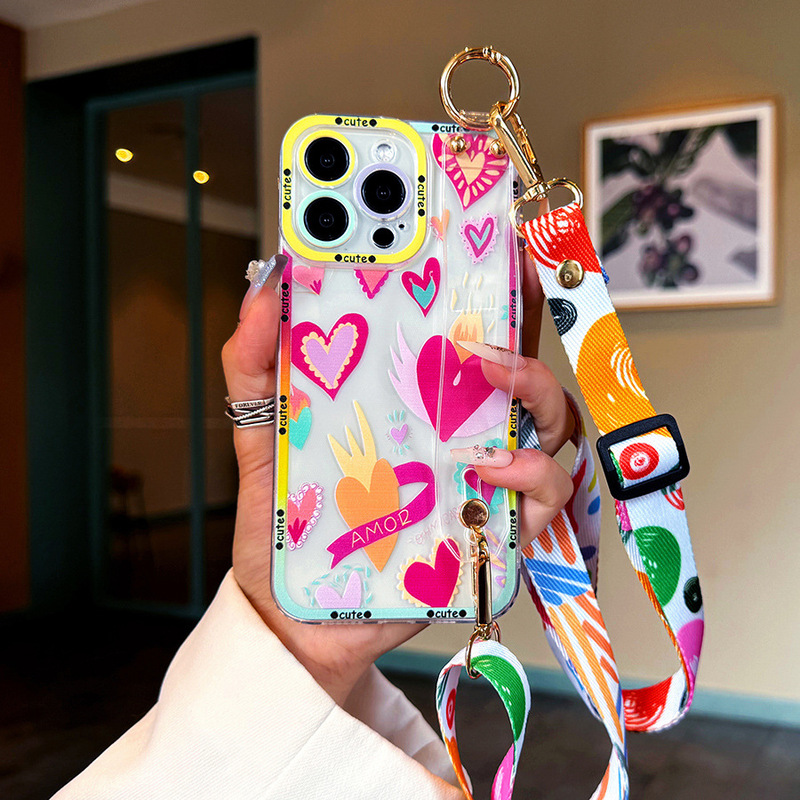 Suitable for Apple 16Promax Graffiti Heart Wristband Mobile Phone Case 15Plus Crossbody with Bracket XS Max New Style