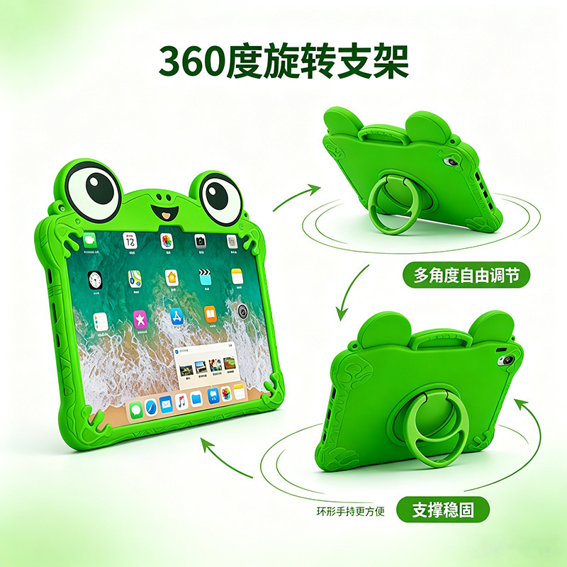 Suitable for iPad 10th generation, this cartoon frog-themed silicone soft case features a 360-degree rotating stand and provides full protection against drops Suitable for iPad 10th generation, this cartoon frog-themed silicone soft case features a 360-degree rotating stand and provides full protection against drops