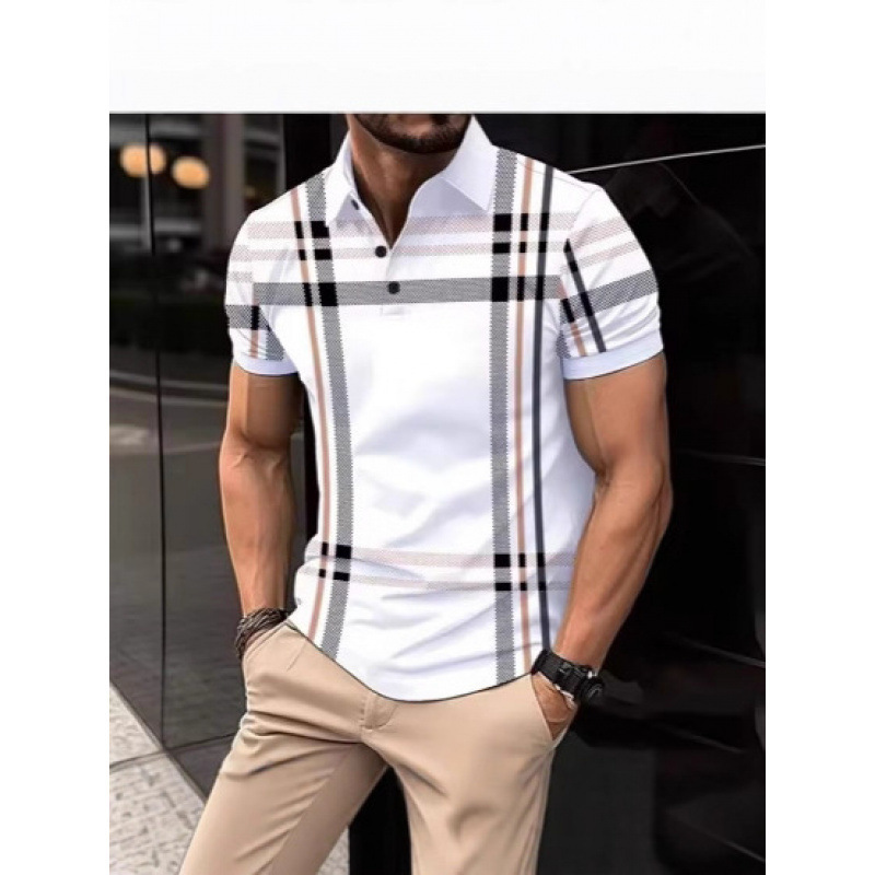 3D打印剪接polo衬衫，适合男士五颜六色的时尚图案T台夏季春秋