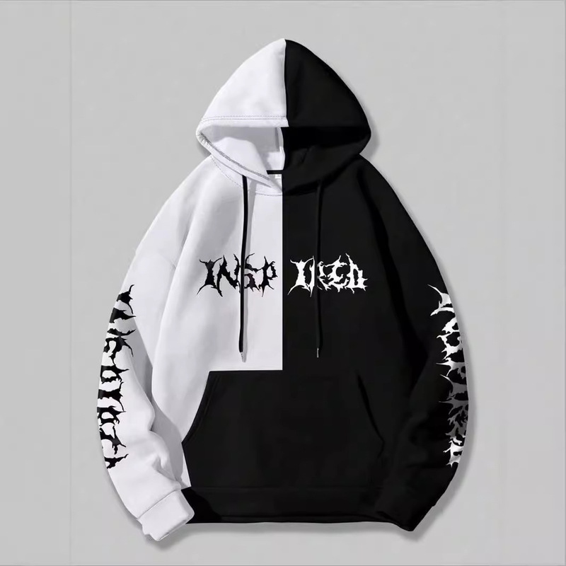 ROMWE Grunge Punk Men's Left and Right Contrast Sweat Men's Hooded Sweat 3D Digital Printing