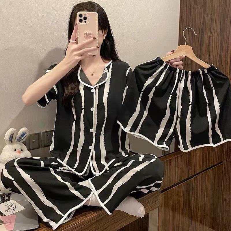 Explosión de tres piezas Cardigan pijama de mujer de verano de mangas cortas pantalones largos delgados se pueden usar dibujos animados dulce conjunto de ropa para el hogar