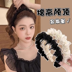女性用メッシュプリーツビーズヘッドバンド2025新しいスタイルのヘッドバンドふわふわ高頭頂ヘアピンハイエンドファッショナブル