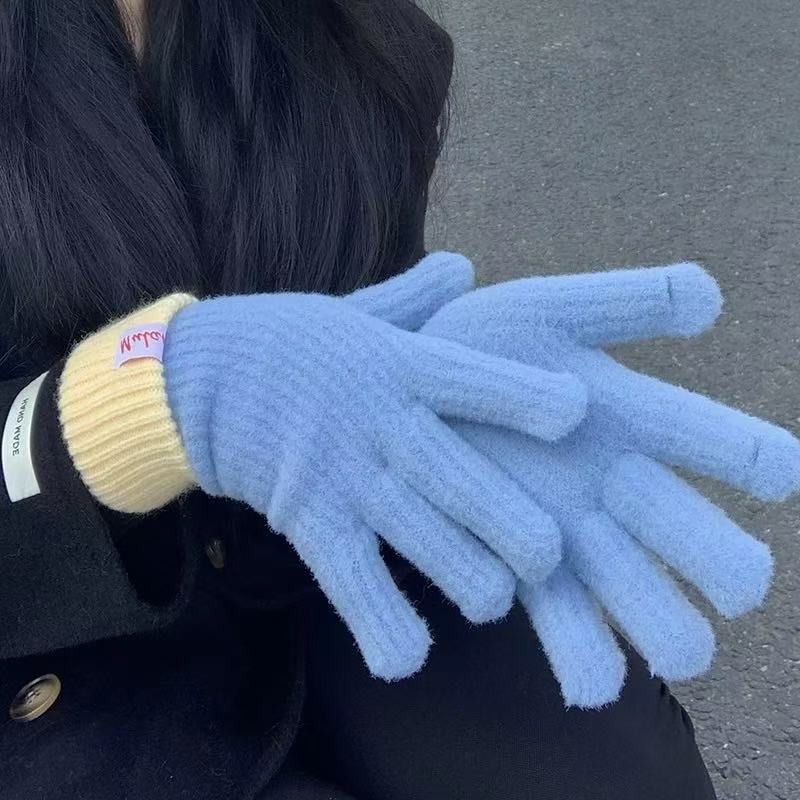 多巴胺拼接冬季保暖手套新款露指触屏女韩版百搭骑行秋冬防寒手套|undefined