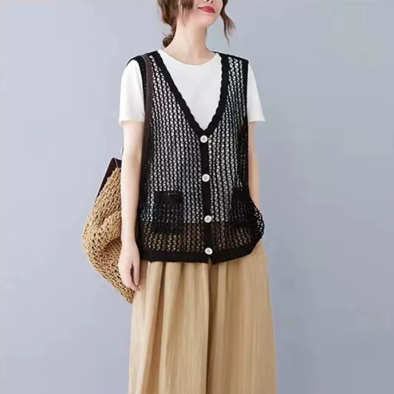 镂空针织马甲开衫女文艺复古怀旧风宽松棉麻休闲外搭网衫背心上衣