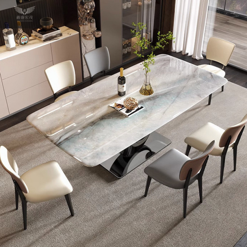 Italian Light Luxury Natural Luxury Stone Super Crystal Stone Marble Dining Table Villa Rectangular Table Colorful Crystal Stone Dining Table and Chair Combination
