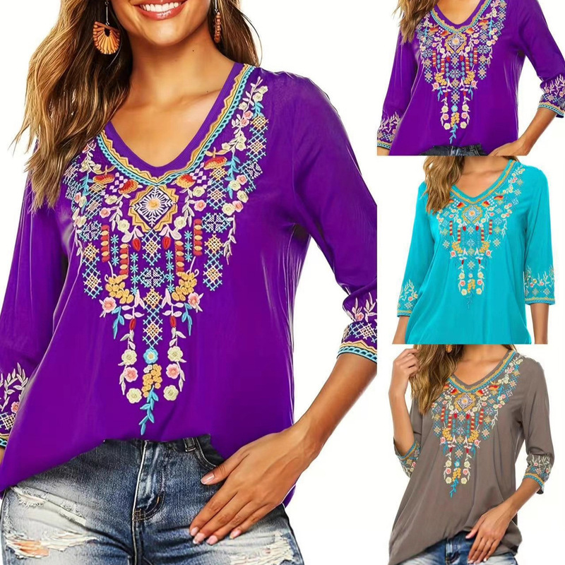 2026 New European and American Printed Fashion Summer Cross-Border V-Neck Mid-Length Women's Short-Sleeve Top in Stock