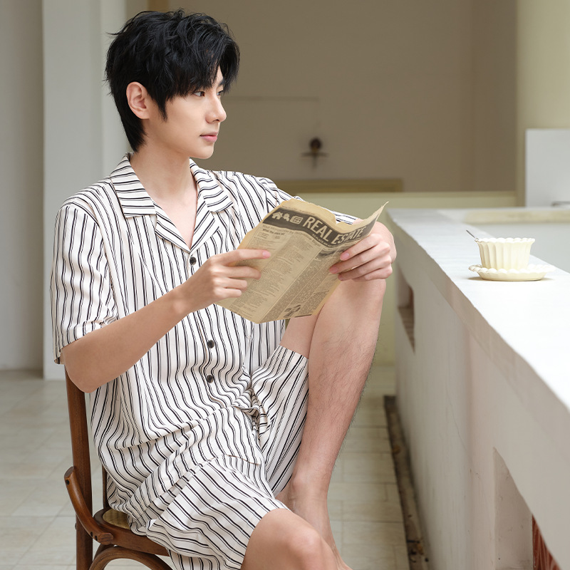 Pajamas Men's Tencel Lyocell Striped Couple Cardigan Loose Casual Home Wear Suit Can Be Worn Outside