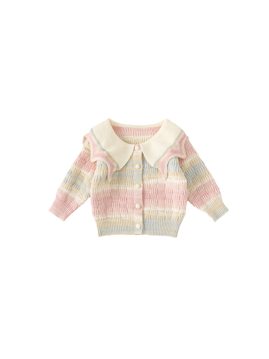 2026 primavera y otoño ropa infantil gran solapa suéter de niñas camisa de punto de color graduado suéter de mujer abrigo