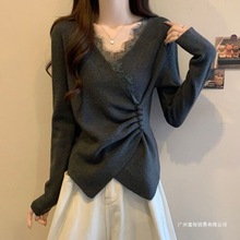 大码德绒设计感蕾丝拼接V领长袖T恤女秋冬季新款不规则交叉打底衫