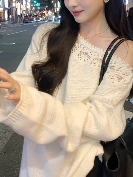 美利奴羊毛镂空花边一字领针织衫女秋长袖宽松慵懒上衣|undefined