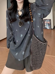 大码老钱风复古印花薄款长袖衬衫女早秋胖mm宽松显瘦气质绝美上衣