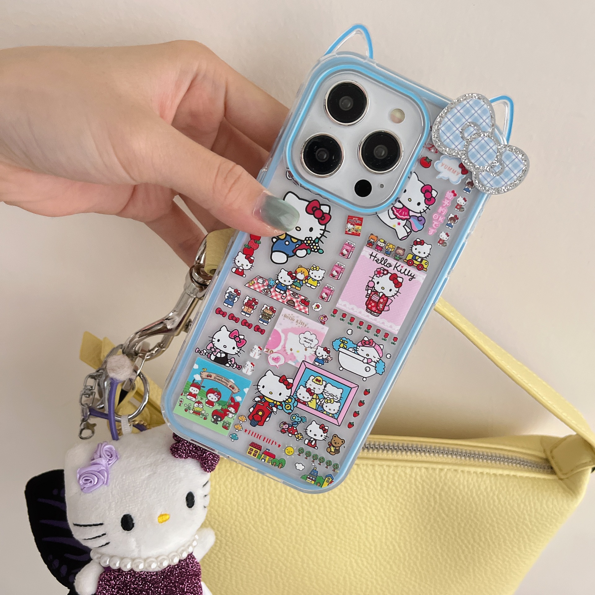 Linda caricatura pantalla completa KT gato ilustración para Apple 16ProMax funda para teléfono móvil 15Pro bowknot 14/13 nuevo