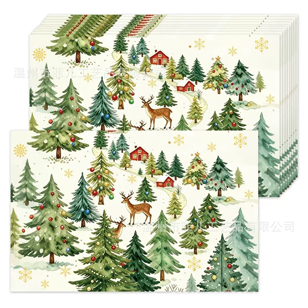 CA189 Watercolor Christmas Tree Square Placemat Reindeer Party Decoration Disposable Placemat Paper