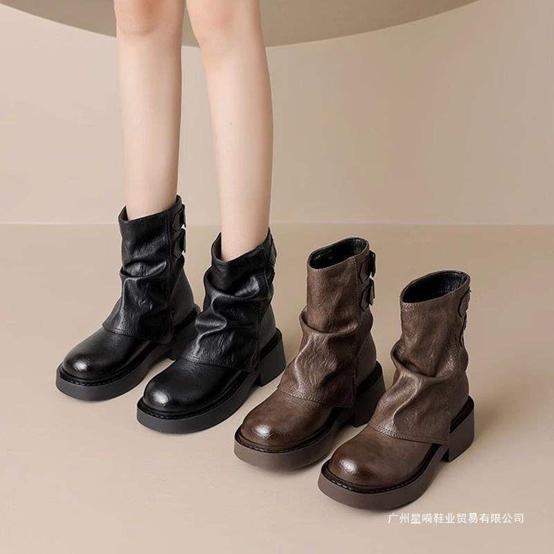 Size 35-43 Large Women's Shoes Maillard Retro Stacked Short Boots 41 Spring and Autumn New Thick-Soled Trouser Boots 42
