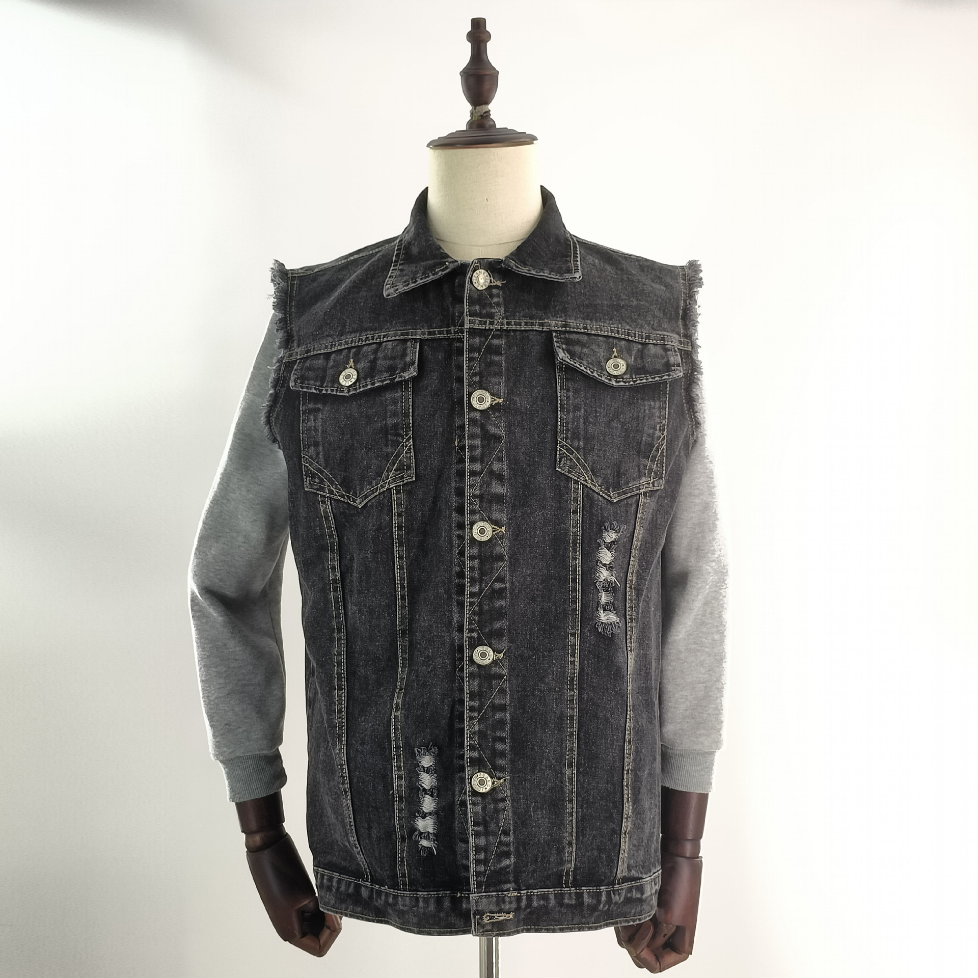 Motorsykkelvest trykt tilfeldig tungt håndverk, slitt og vasket, denim ermeløs topp for menn 2285_voghion.com