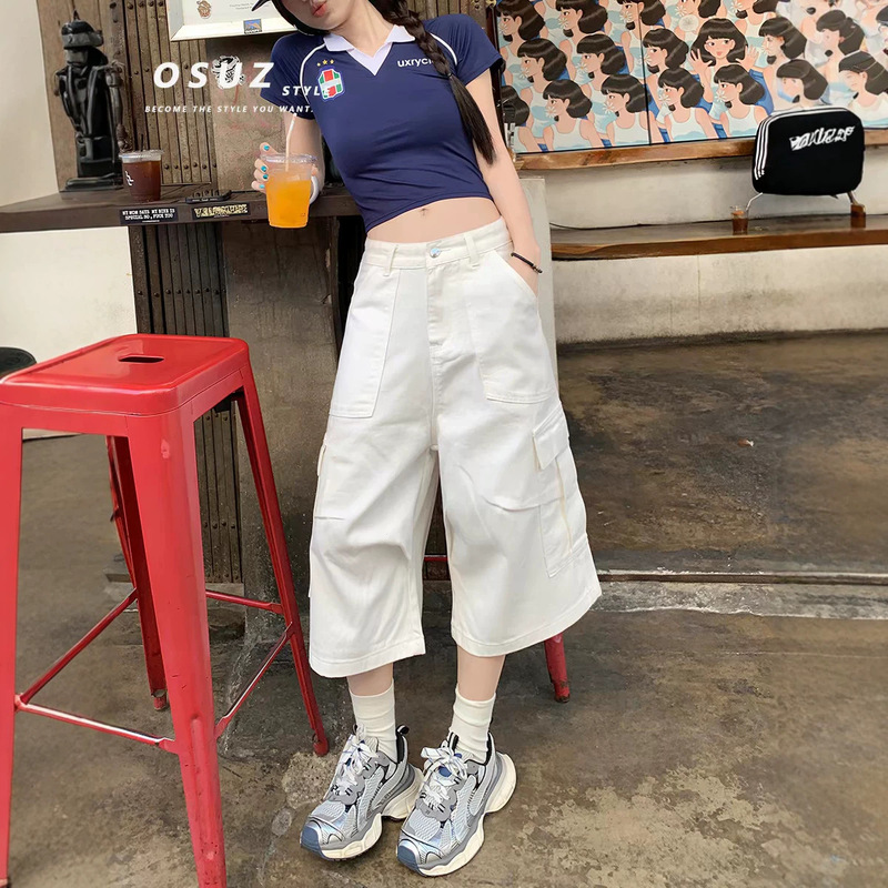 White Workwear-Style Cropped Wide-Leg Denim Shorts for Women, Summer New Style, Loose Fit, Slimming, Multi-Pocket, Casual Straight-Leg Mid-Length Pants
