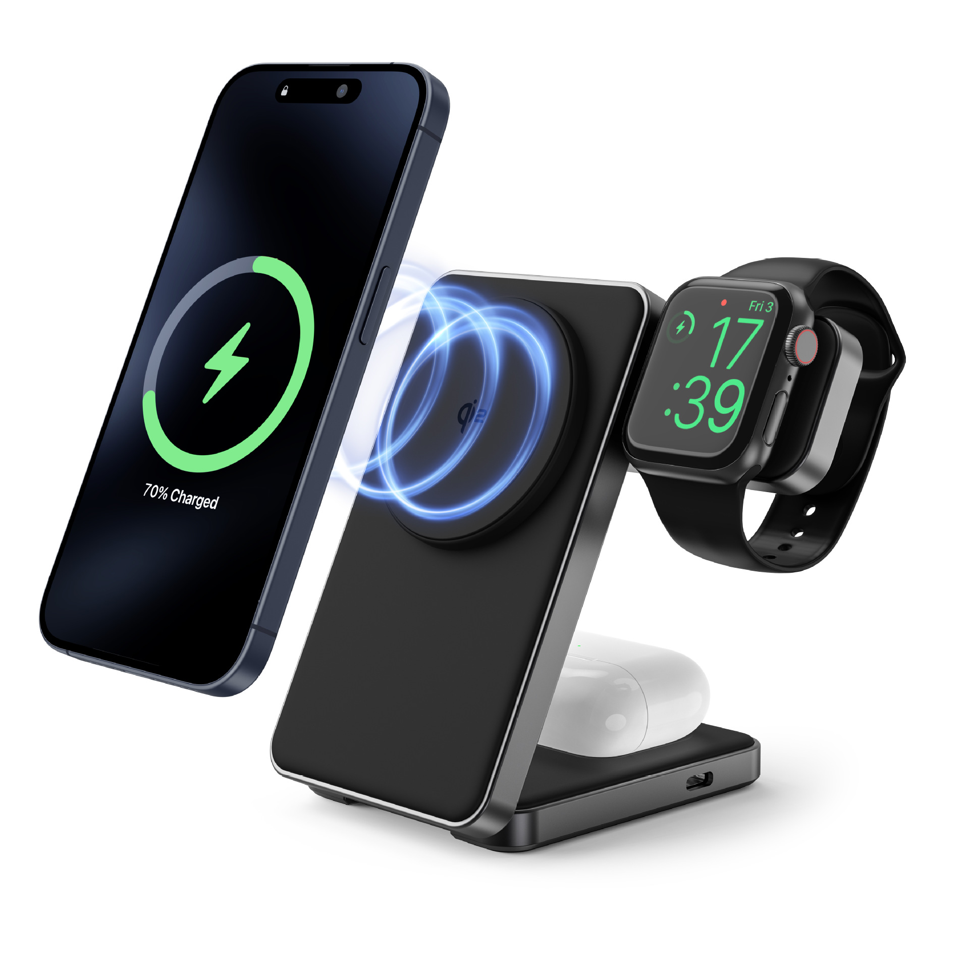 Cargador inalámbrico magnético Qi2 de 15W, de silicona líquida, tres en uno, plegable, de aleación de aluminio.