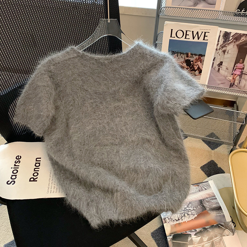 グレーvネック馬海毛半袖ミンクセーター女性秋冬レトロ気質ニット上|undefined