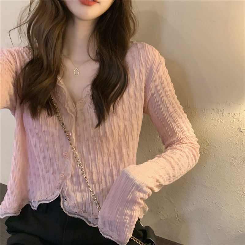衬衫女v领长袖防晒衬衣夏季粉色辣妹雪纺百搭小清新内搭修身型