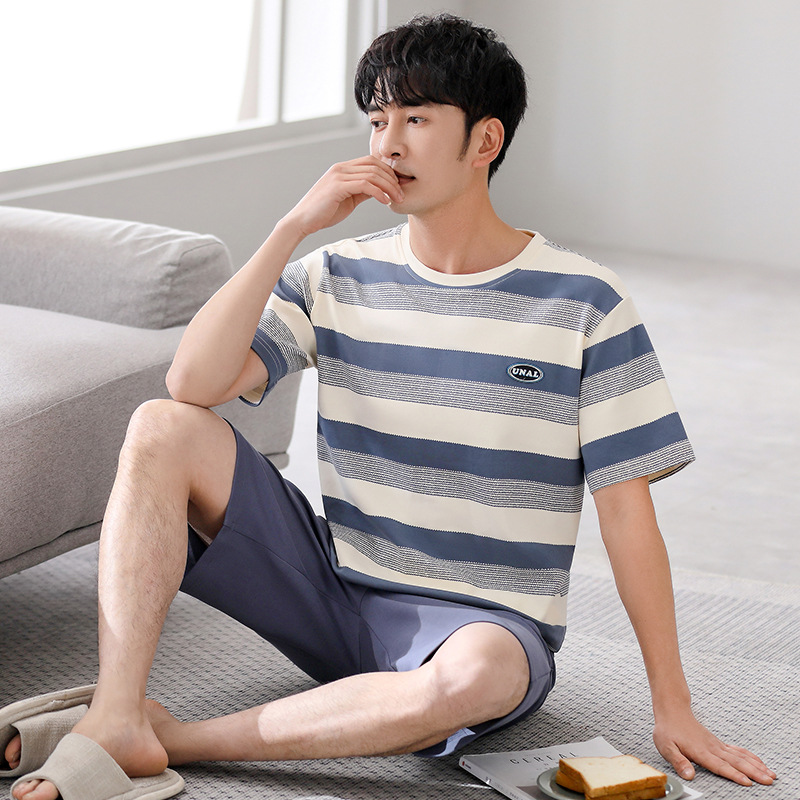 여름 스톨 쿨 코튼 남성용 파자마 부드러운 항균 쿨코튼 간단한 외주 짧은 소매 반바지 홈 의류 세트