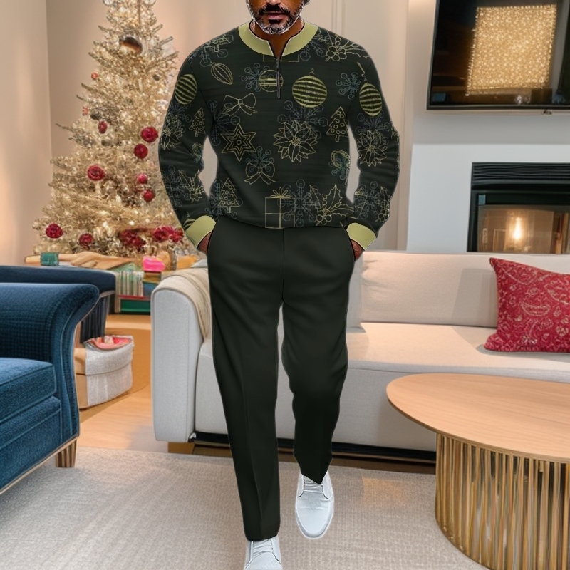Christmas Limited Men's Casual Suit, Snowflake Printed Stand-Up Collar Sweatshirt + Pure Color Straight Pants for Holiday Wear