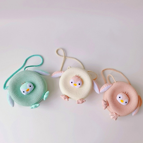 Autumn South Children's Bag Korean Summer Grass Weaving Bag Little Girl Crossbody Pocket Purse Girl Penguin Cartoon Small Bag