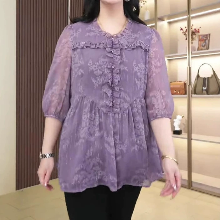 Летний новый интернет-красный тот же шифоновый принт высокого класса леди модная маленькая рубашка топ большой размер толстая MM женская одежда